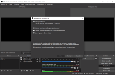 Captura de tela do OBS Studio com o menu do Assistente de configuração aberto na tela inicial do assistente que mostra opções otimizadas para finalidades de transmissão, gravação ou apenas uso da câmera.