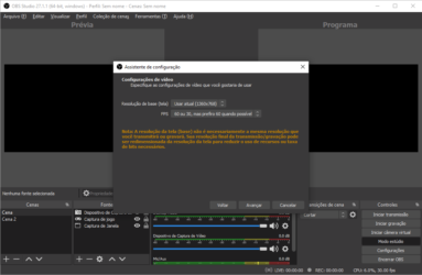 Captura de tela do OBS Studio com o menu do Assistente de configuração aberto nas opções de resolução de tela e FPS.