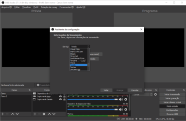 Captura de tela do OBS Studio com o menu do Assistente de configuração aberto nas opções de plataforma para transmissão.