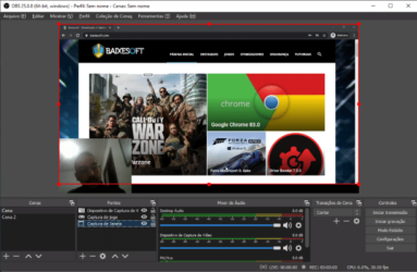 Captura de tela exemplo do OBS Studio que mostra um usuário parecendo junto em sobreposição com o site baixesoft no fundo.