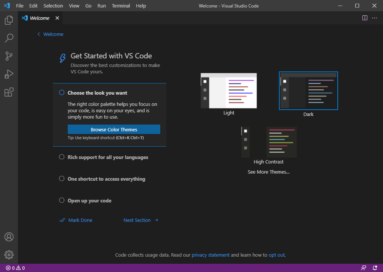 Captura de tela demonstrativa de uso do Visual Studio Code em sua tela de boas-vindas que permite a customização da interface.
