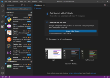 Captura de tela demonstrativa de uso do Visual Studio Code mostrando sua tela inicial de uso e também algumas linguagens instaladas.