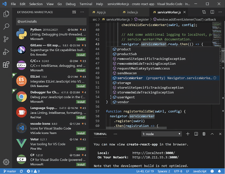 Captura de tela demonstrativa de uso do Visual Studio Code mostrando várias abas em JS abertas. Além disso, mostra as linguagens instaladas e o terminal.