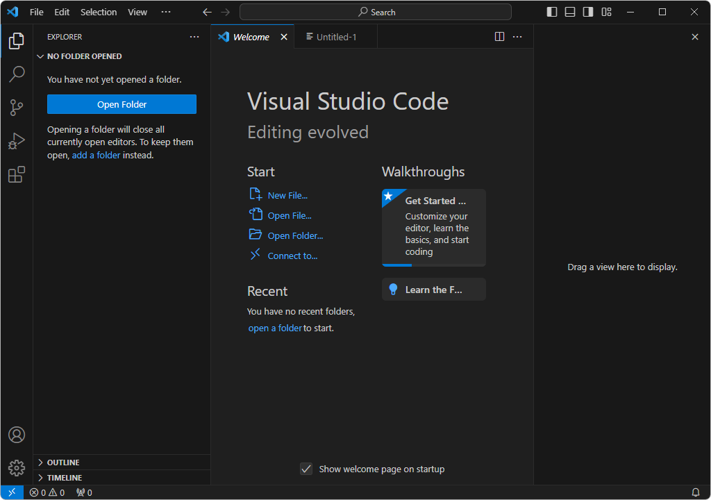 Captura de tela de apresentação do Visual Studio Code mostrando as opções iniciais ao se abrir o programa pela primeira vez.