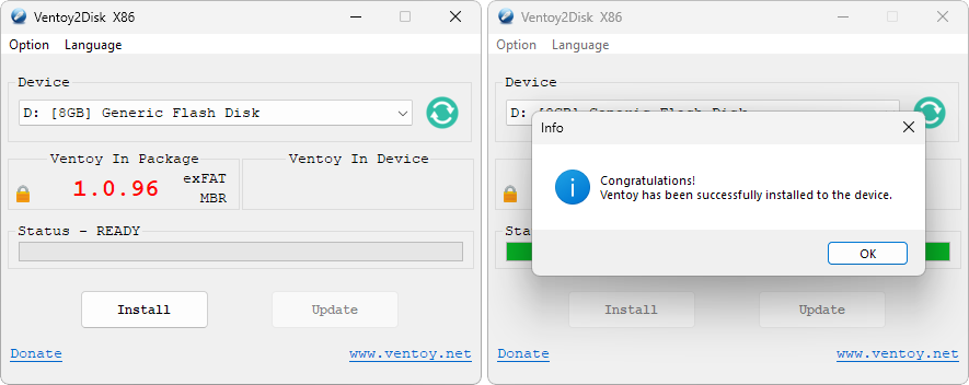 2 capturas de tela que demonstram o uso do Ventoy. A primeira imagem demonstra um pen drive conectado de 8GB antes de instalar o ventoy. A segunda mostra a tela de sucesso do procedimento.