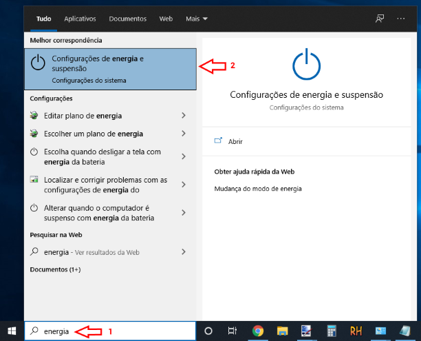 Configurações de energia e suspensão Windows 10