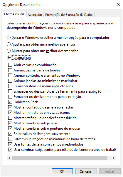 Janela Opções de desempenho Windows captura de tela