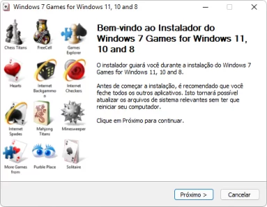 Captura de tela demonstrativa do instalador do jogos clássicos do Windows 7.