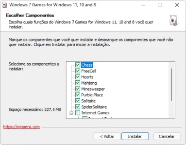 Captura de tela demonstrativa do instalador do jogos clássicos do Windows 7, mostrando as opções de jogos disponíveis para instalação.
