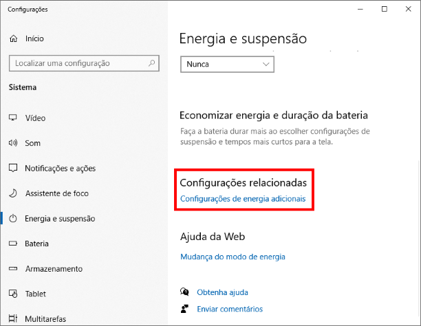 Opções de energia Windows 10