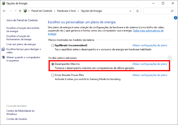 Opções de energia desempenho máximo