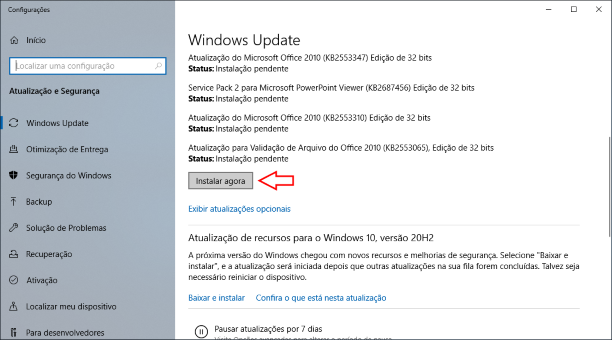 Captura de tela Windows Update