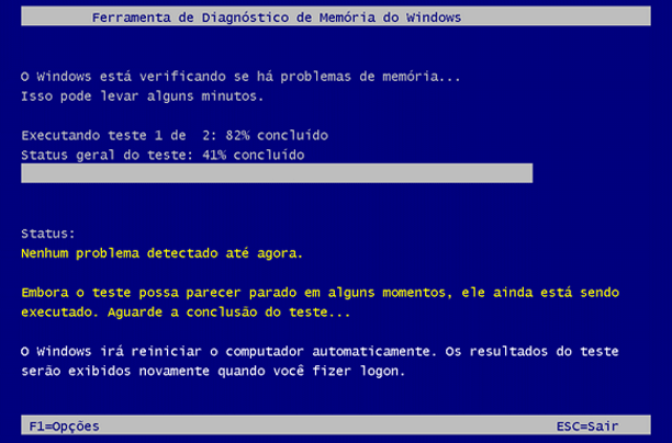 Janela de teste do diagnóstico de memória do Windows