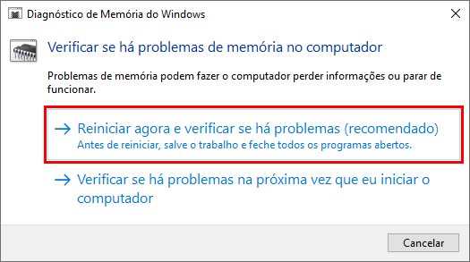 Janela diagnóstico de memória do Windows