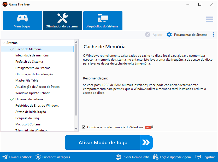 Captura de tela demonstrativa do do Game Fire mostrando sua tela inicial "Otimizador do Sistema" com suas opções respectivas.