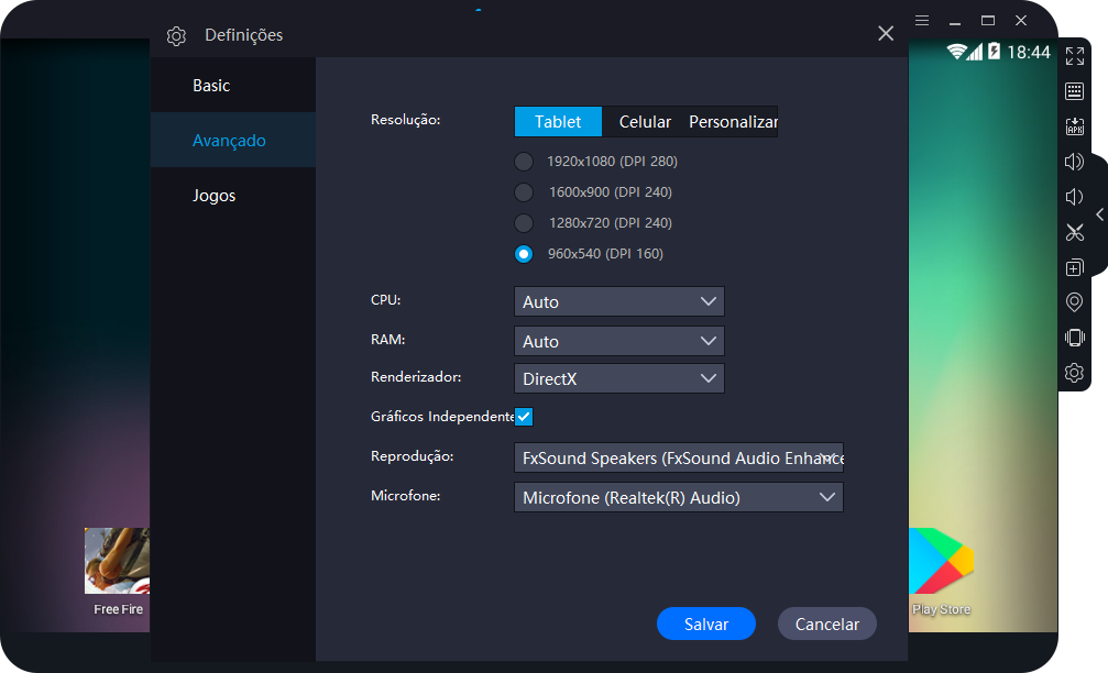 Captura de tela do SmartGaGa com o destaque para as opções avançadas de resolução, CPU, RAM, renderizador, gráficos, reprodução e microfone.