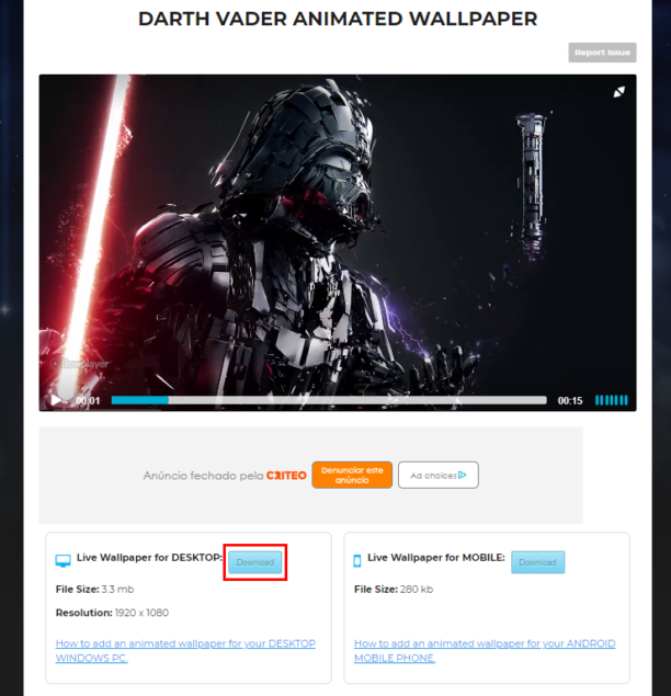 Darth Vader papel de parede animado tutorial baixesoft