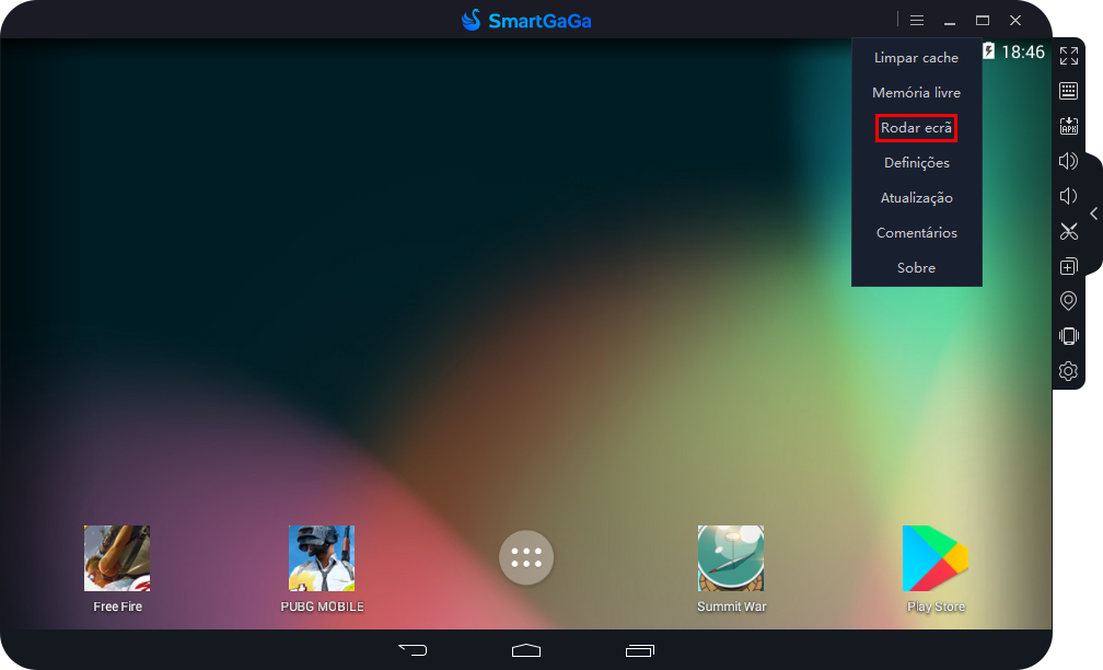 Captura de tela do SmartGaGa com o destaque para a opção "Rodar ecrã".