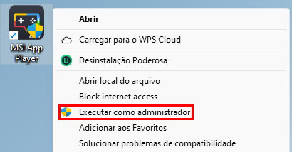 Captura de tela que mostra como executar o MSI App Player com privilégios de administrador no Windows.