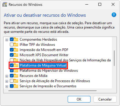 Captura de tela que mostra a interface de recursos do Windows. Ela destaca a opção "Plataforma de Máquina Virtual".