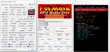 A captura de tela traz 3 programas diferentes. No centro há a tela principal do FurMark traz em sua seção 