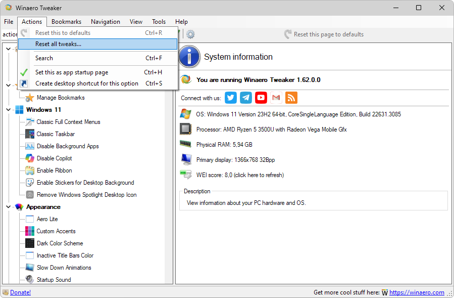 Winaero Tweaker captura de tela mostrando a opcao reset all tweaks dentro do menu actions