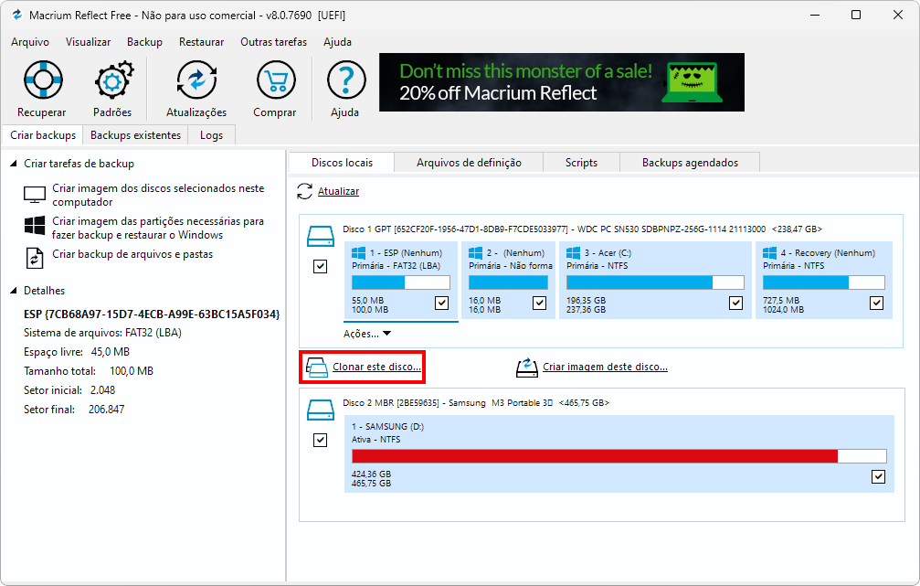 Captura de tela do Macrium Reflect com destaque para a opção "Clonar este disco".