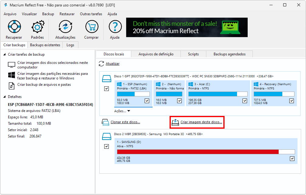 Captura de tela do Macrium Reflect com destaque para a opção "Criar imagem deste disco".