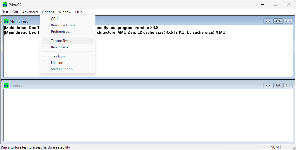 Prime95 menu options