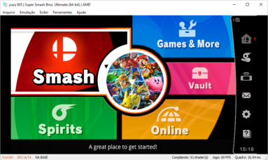 Tela de menu do Super Smash Bros. Ultimate rodando no emulador Yuzu.