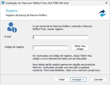 Tela de registro que é exibido durante o processo de instalação do macrium reflect free.