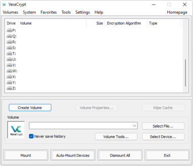 Captura da tela inicial do VeraCrypt mostrando usas opções disponíveis, como 