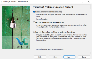 Captura da tela do assistente de criação do volume encriptado com o VeraCrypt. Ele traz as opções 