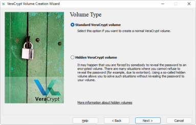 Captura da tela do assistente de criação do volume encriptado com o VeraCrypt. Ele traz nessa tela as opções para tipo de volume, trazendo as opções 