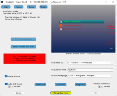 Captura de tela do Grub2Win que mostra sua interface principal de opções.