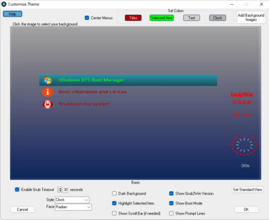 Captura de tela do Grub2Win que mostra suas opções para configurar a tela de boot.