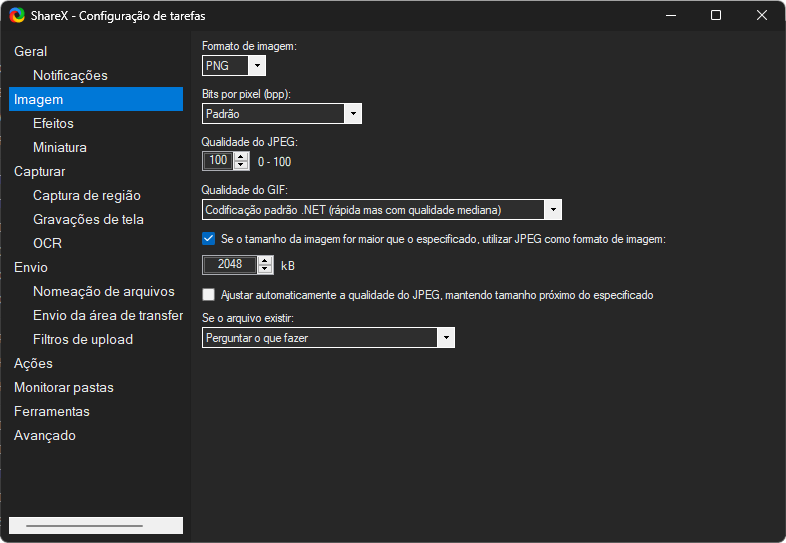Configuracoes da imagem ShareX