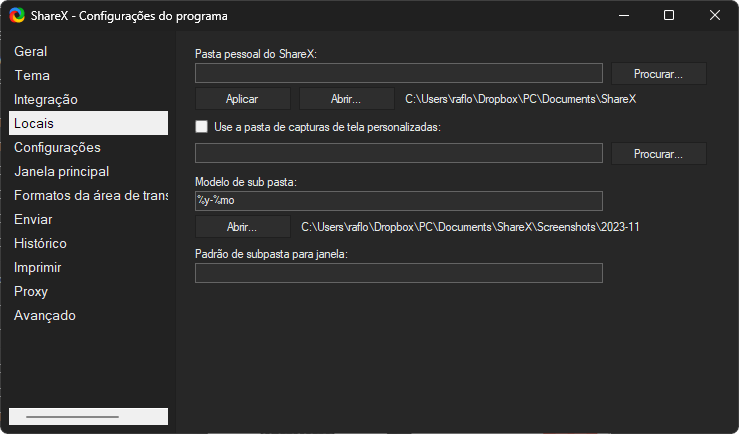 Local de salvamento da imagem ShareX