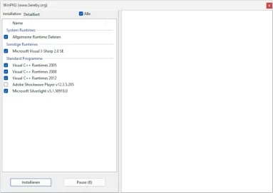 Captura de tela do All in One Runtimes mostrando pacotes a serem instalados.