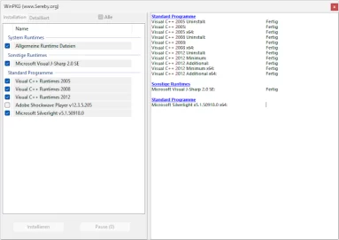 Captura de tela do All in One Runtimes mostrando alguns pacotes instlados e instalando outros pacotes.
