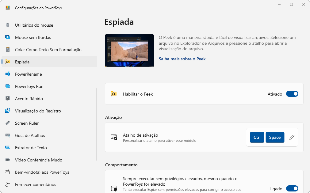 Captura de tela do Microsoft PowerToys mostrando sua opção "Espiada" que é similar ao QuickLook do mac, por exemplo.
