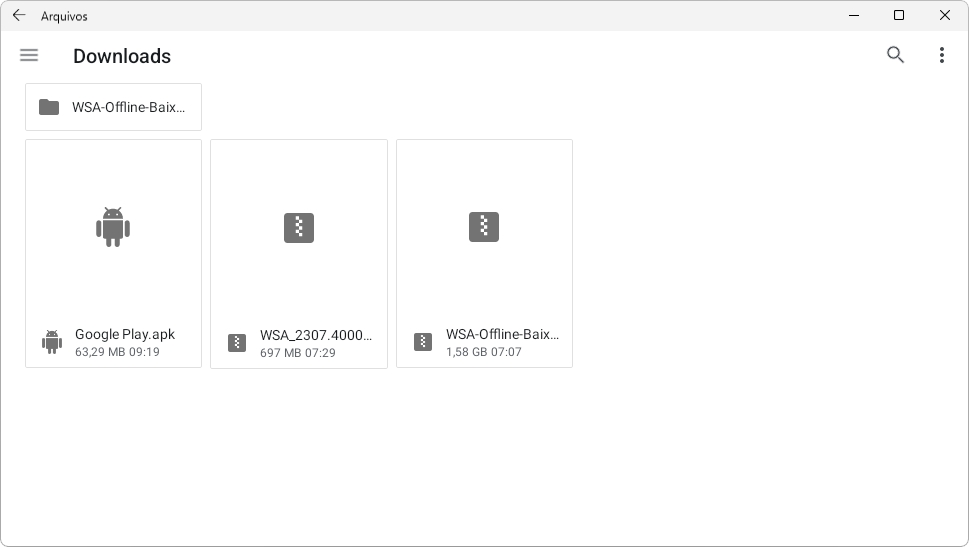 Captura de tela que mostra o explorador de arquivos do WSA. Mostra alguns arquivos de exemplo que podem ser executados diretamente.