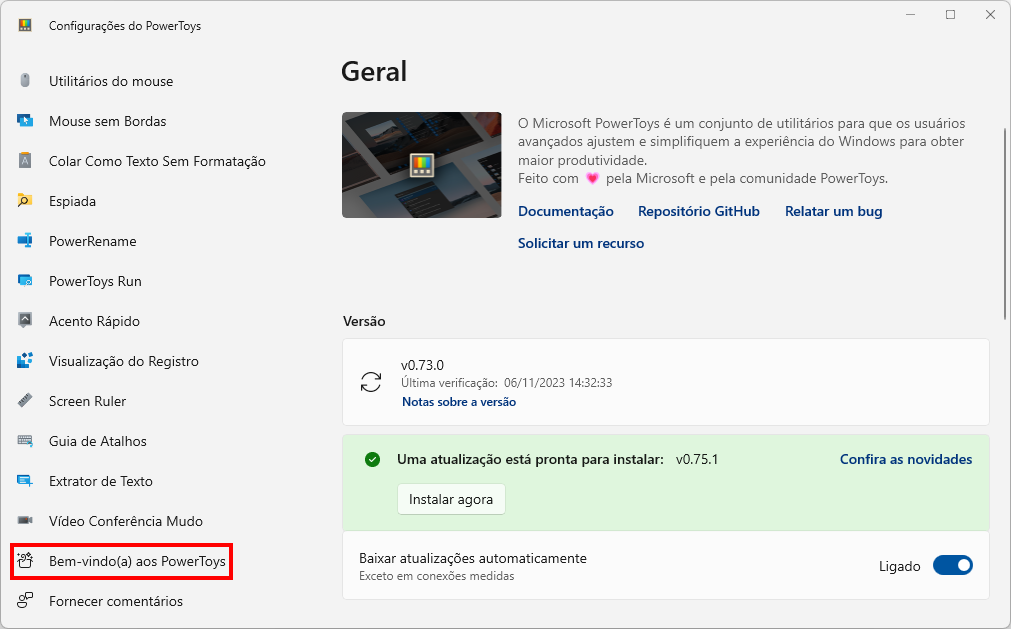 Captura de tela do Microsoft PowerToys na interface geral com destaque para a opção " Bem-Vindo aos PowerToys".