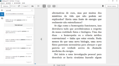 Captura de tela demonstrativa do Kindle mostrando destaque para sua interface de busca no livro. A captura também mostra uma parte do livro aberta.