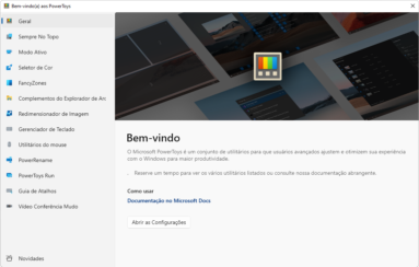 Captura de tela do Microsoft PowerToys na interface de explicação do bem-vindo aos powertoys, mostrando o menu geral de boas-vindas.