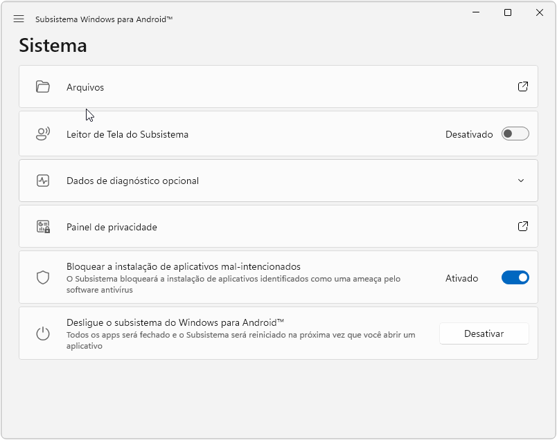 Opcoes recomendadas WSA
