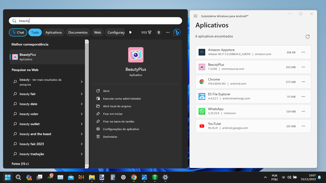 Captura de tela mostrando como os aplicativos instalados no WSA se integram ao Windows 11 como nativos.