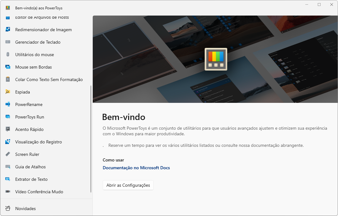 Captura de tela do Microsoft PowerToys na interface do "Bem-Vindo aos PowerToys".