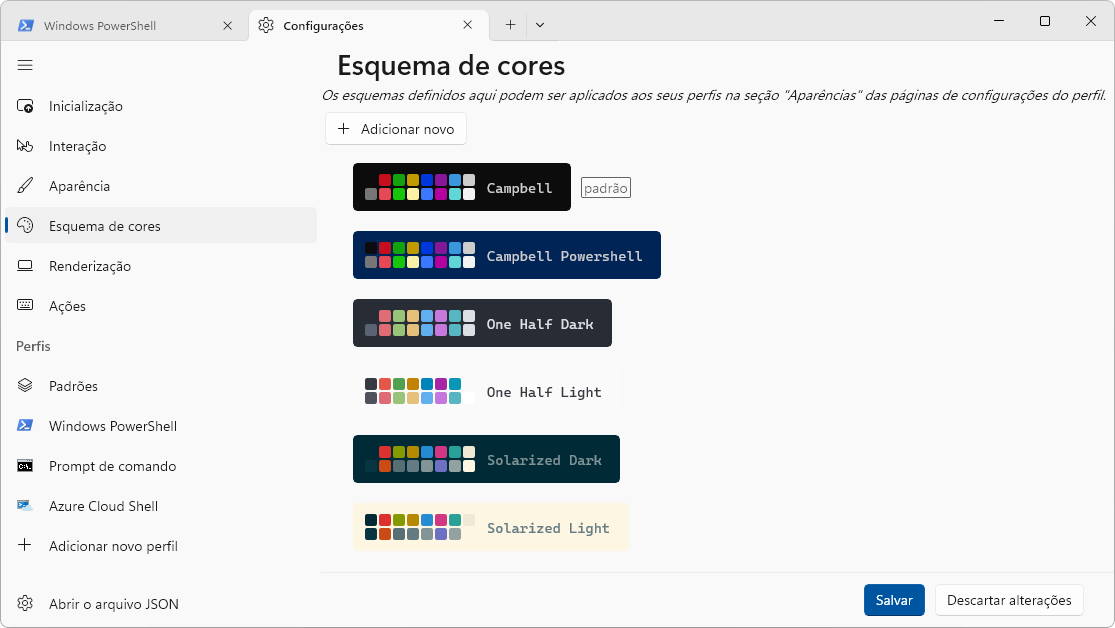 Captura de tela demonstrativa do Windows Terminal mostrando sua tela de "Configurações" aberta em aba. O menu "Esquema de cores" está aberto mostrando suas opções respectivas.