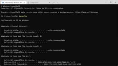 Captura de tela demonstrativa do Windows Terminal com a aba do PowerShell aberta rodando o comando ipconfig.